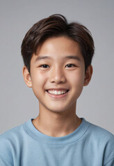 Fototapeta premium Portrait view of a regular happy smiling South Korea boy, ultra realistic, candid, social media, avatar image, plain solid background