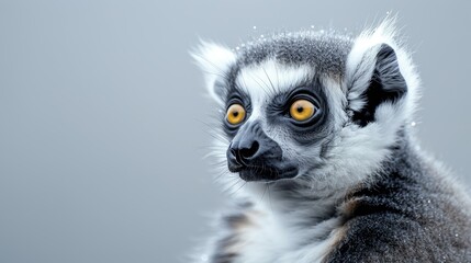  A tight shot of a Lemur's face, covered in snow on its fur, and adorned with expressive yellow eyes
