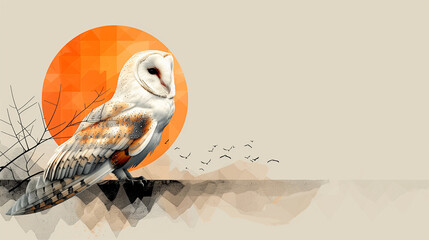 Majestic White Barn Owl at Sunset - Geometric Art & Orange Sun Abstract Creamy Tan Background Wallpaper