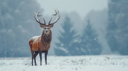  A deer in a snowy field, bearing antlers on its head, not on its back