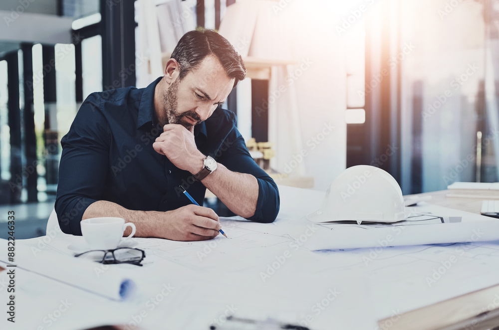 Poster Business, man and architecture office with blueprint, building design and plan for property development. Drawing, sketch and project management in workplace, calculations and architect or engineer