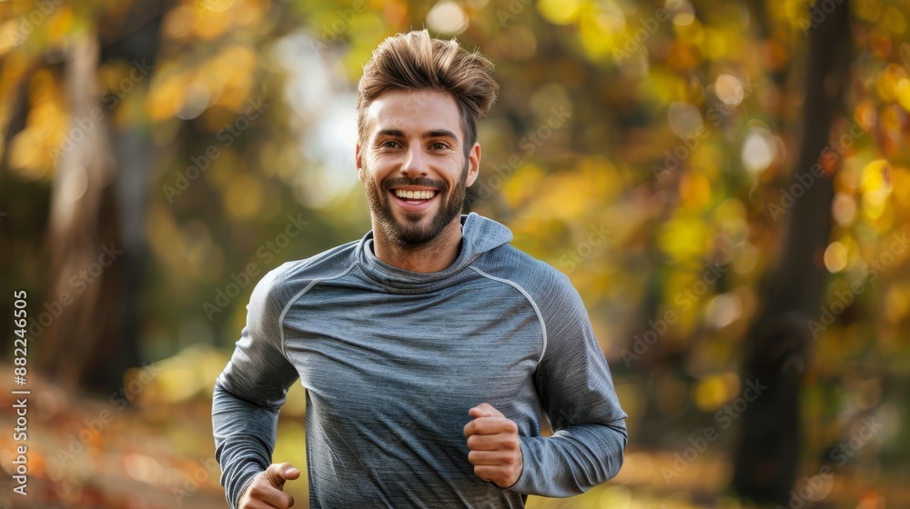 Poster  A man runs through a fall-colored park Behind him, trees don trees' autumn hues Leaves carpet the ground before him