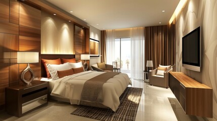 Luxury modern and contemporary hotel room interior, Cozy modern bedroom suite, Big double bed