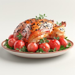 Roast turkey, perfectly golden and garnished with herbs. Single Object, 3d Blender on white background