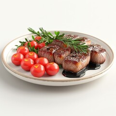 Roasted venison, elegantly plated with juniper berries and red wine reduction. Single Object, 3d Blender on white background
