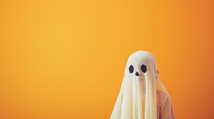 A closeup photo of a child in an adorable Halloween ghost costume. 