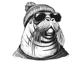 Vintage engrave illustration of a walrus dressed in fashion costume, isolated set of ink sketches with sunglasses. Sea seal background art, arctic glasses hipster hat. walrus sea seal fashion 