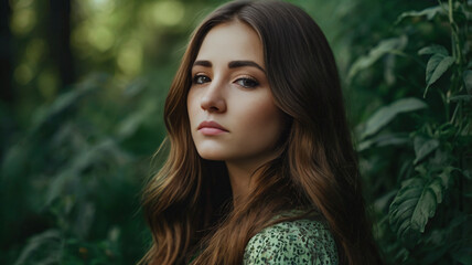 Beautiful young girl with long hair on green natural background