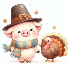A cute pig wearing a pilgrim hat and scarf stands next to a friendly turkey.