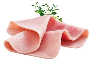 fatia de presunto cozido acompanhado de folhas de erva isolado em fundo transparente