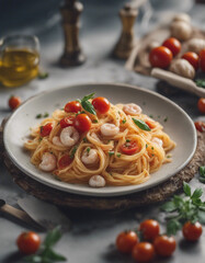 seafood pasta with cherry tomatoes.