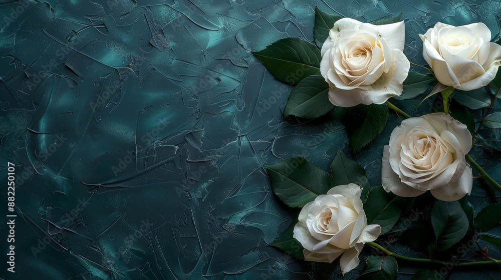 Wall mural  A table is adorned with a bunch of white roses atop a blue tablecloth Green leaves accompany the arrangement, positioned to one side