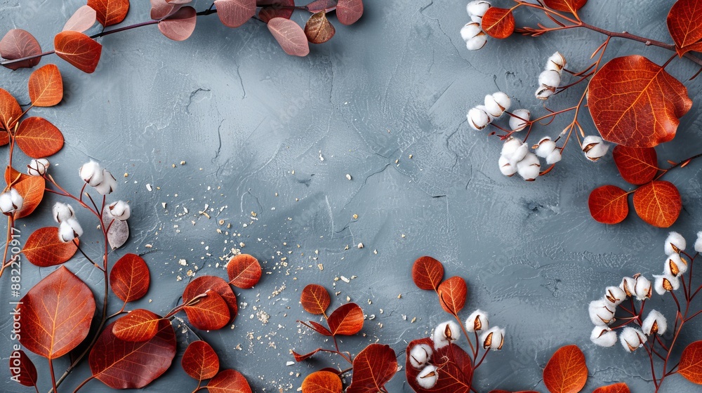 Wall mural  A blue surface with red and white leaves on the left, and a blue backdrop featuring white cotton floss on the right