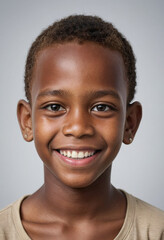 Obraz premium Portrait view of a regular happy smiling Solomon Islands boy, ultra realistic, candid, social media, avatar image, plain solid background
