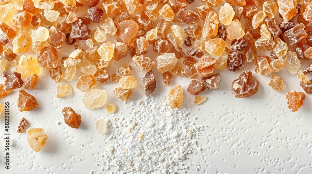 Wall mural a white table is topped with an array of orange and yellow gummy bears adjacent to a mound of powder