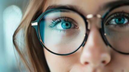 Close-up of a person wearing glasses with bright blue eyes, highlighting the detail and clarity of vision with eyewear.
