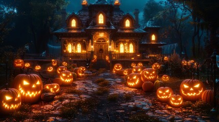 Spooky Halloween House with Jack-o'-Lanterns.