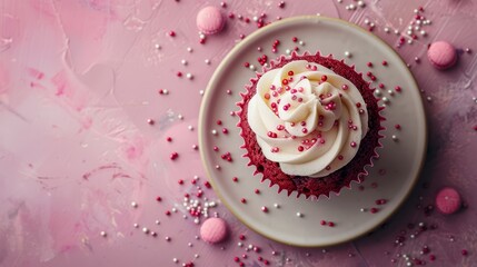  A red velvet cupcake on a white plate, topped with white frosting and colorful sprinkles, against a pink background