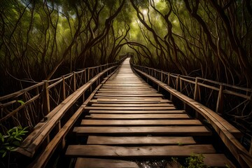 Fototapeta premium Wood bridge in mangrove forest. Explore nature.