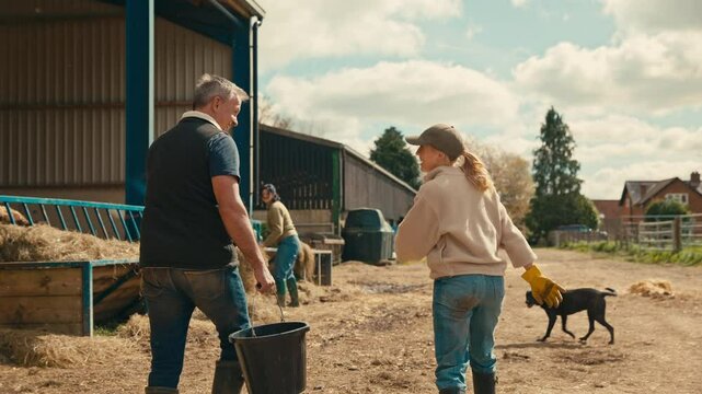 Rear view of male and female farm workers with dog walking across yard past cattle barn at feeding time carrying bucket  - shot in slow motion