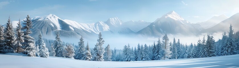 Serene winter landscape featuring snow-covered trees, majestic mountains, and a clear blue sky with mist in the distance.