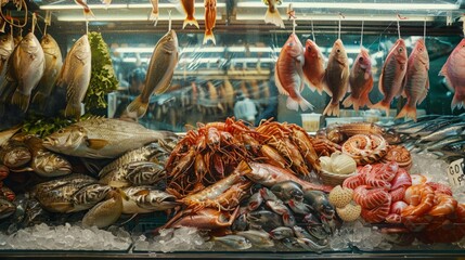Wide selection of fresh seafood at a market display. Captivating image of various fish, crabs, and shellfish. Great for food bloggers and culinary enthusiasts. Perfect for marketing. AI