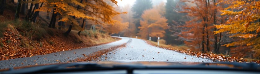 Fototapeta premium View from a car driving on a winding road through a beautiful autumn forest with colorful leaves and overcast skies.