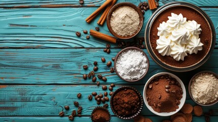  A table, topped with bowls of various chocolates and whipped cream, sits beside cinnamon and cinnamon sticks