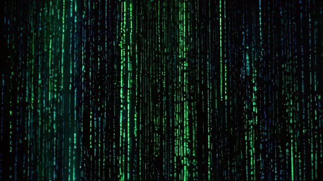 scene where lines of binary code rain down like a digital waterfall. Use a mix of green and blue hues to evoke the iconic Matrix aesthetic, 4K technology wallpaper animation video
