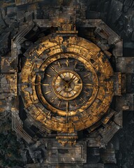 Obraz premium A clock tower striking with hands made from gold bars in a medieval village theme, front view, symbolizing timeless wealth, futuristic tone, Complementary Color Scheme