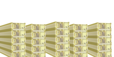 20 Indian rupee notes bundle flying in different angles and orientations isolated on black background