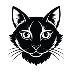 Black & White Silhouette Vector of Cat Face, Minimalist Cat Head Illustration