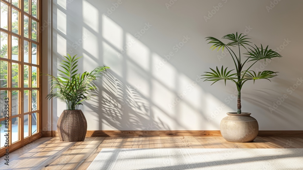 Poster  Two potted plants sit side by side on a wooden floor, directly in front of a window