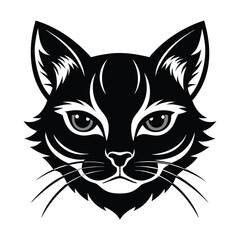 Black & White Silhouette Vector of Cat Face, Minimalist Cat Head Illustration