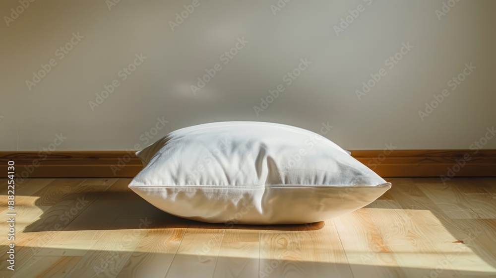 Poster  A white pillow atop a wooden floor Another white pillow nearby