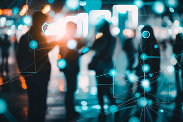 Futuristic City Nightscape with Blurred Silhouettes and Connected Technology Network