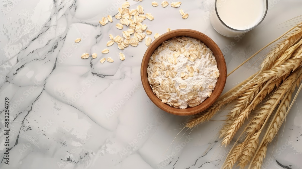 Poster  A marble countertop holds a bowl of oats, a glass of milk, and ears of wheat