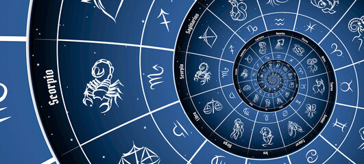 Blue astrological background. Concept of horoscope, mystery, magic, astrological sign.