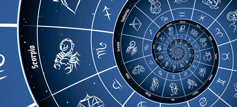 Blue astrological background. Concept of horoscope, mystery, magic, astrological sign.