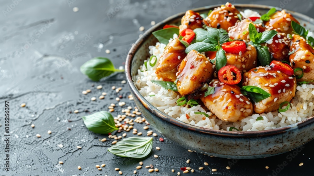 Poster  Close-up of a bowl on black, filled with rice and vegetables topped with a basil sprig