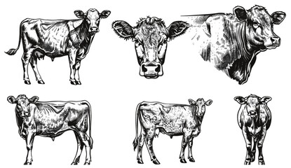 Black and white hand drawn vintage engraving illustration of cow set isolated, ink sketch farm bull background beef animal silhouette art cow beef cattle, vintage cow art, farm animal sketch, 