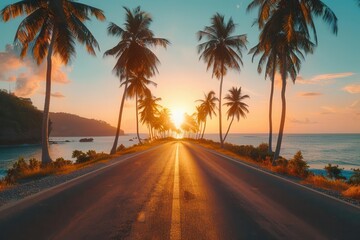 A scenic road lined with palm trees leads to a breathtaking sunset over the ocean.