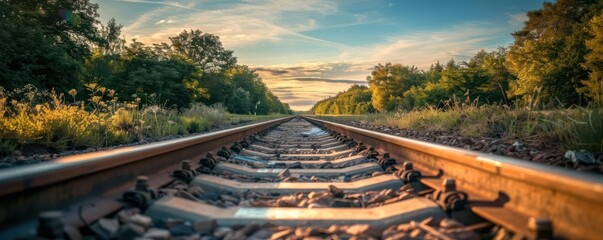 Fototapeta premium A scenic railroad track vanishing into the distance under a bright sky.