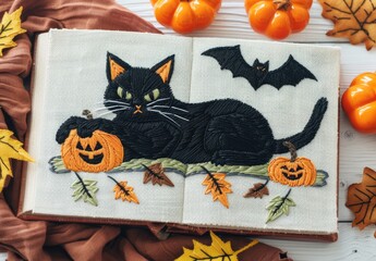 simple cottagecore design of an embroidered black cat laying on a closed book with leaves, pumpkins and bats above it, in the style of embroidery