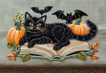 simple cottagecore design of an embroidered black cat laying on a closed book with leaves, pumpkins and bats above it, in the style of embroidery