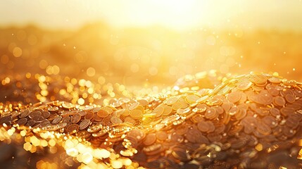 A pile of gold coins illuminated with yellow light, sparkling reflections, wealth concept.