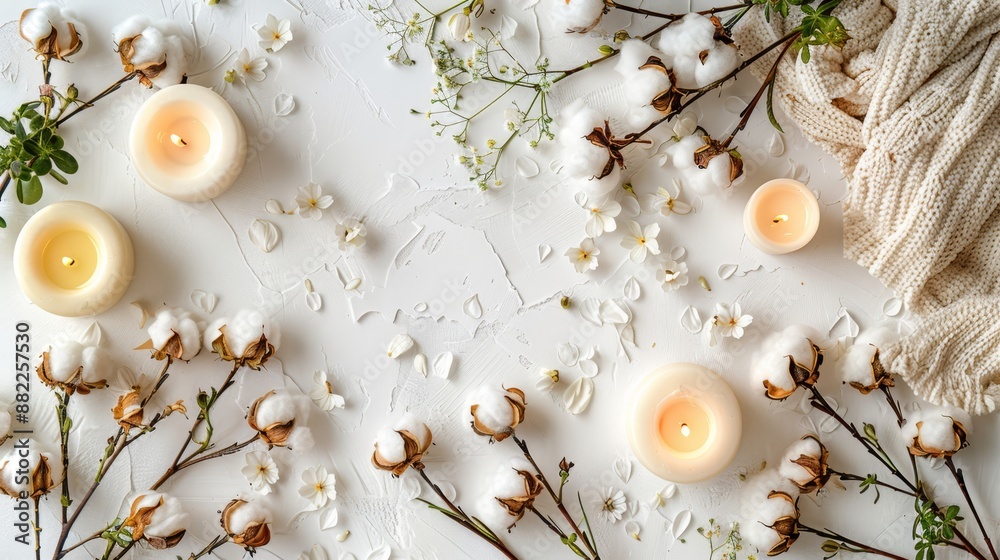 Sticker  A white table, adorned with numerous candles, a knitted scarf, and an arrangement of cotton flowers and cotton swabs