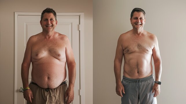 Before and after portrait of a mature man after losing weight, in split screen.