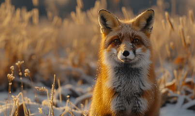 Naklejka premium Junger Fuchs bei Frost auf Futtersuche sitzt im Feld im Winter