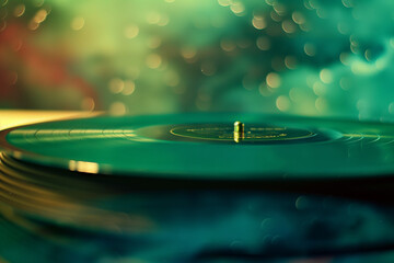 Vintage Vinyl Record on Turntable with Bokeh Background, Music Nostalgia Concept